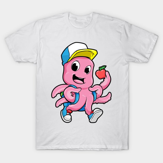 Octopus as student with a backpack and apple T-Shirt by Markus Schnabel